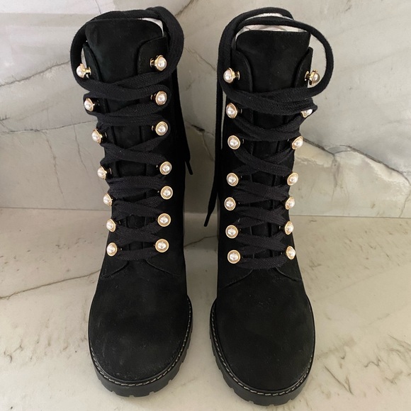 Stuart Weitzman Ivey Suede Faux- Pearl Embellished Combat Boots - Picture 1 of 6